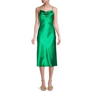 Bebe New Green Satin Midi Slip Cowl Neck Spaghetti Strap Dress